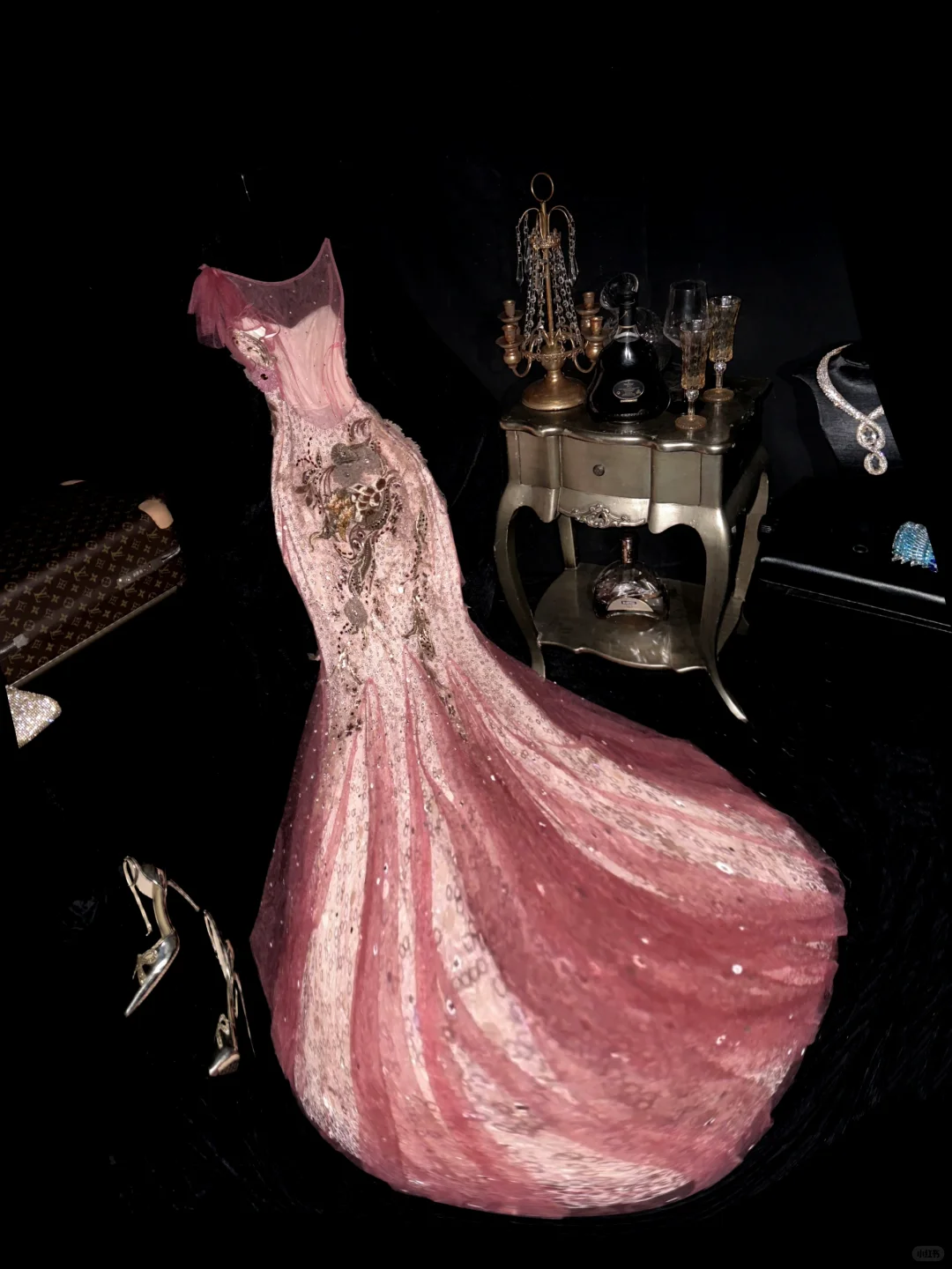 Vintage Pink Mermaid Beaded Sequin Pearl Tulle Prom Dress Party Evening Dress DP5354