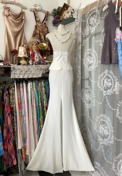 Vintage Mermaid Spaghetti Straps White Bow Satin Prom Dress Evening Dress DP4870