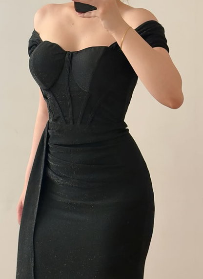 Sexy Black Mermaid Off the Shoulder Corset Satin Slit Long Prom Dress Evening Dress DP6434