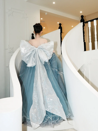 Dreamy A Line Sweetheart Neck Sequin Blue Tulle Long Party Dress Evening Dress with Bow DP2550