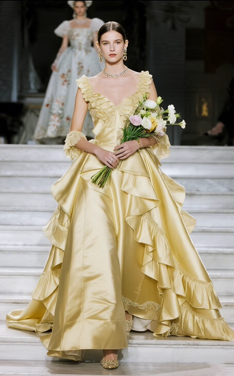 Yellow A Line V Neck Layered Satin Prom Dress Evening Dress DP4660