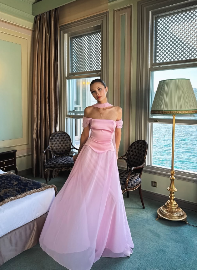 Gentle Pink A Line Off the Shoulder Chiffon Satin Prom Dress Evening Dress Formal Dress DP3212