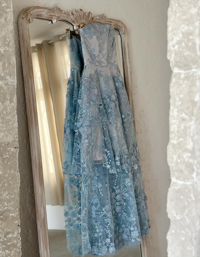 Gentle Baby Blue A Line Strapless Embroidery Floral Tulle Prom Dress Evening Dress DP5780