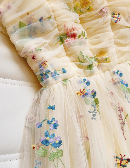 Cute Yellow A Line Spaghetti Strap Embroidery Floral Tulle Prom Dress Party Dress DP4490
