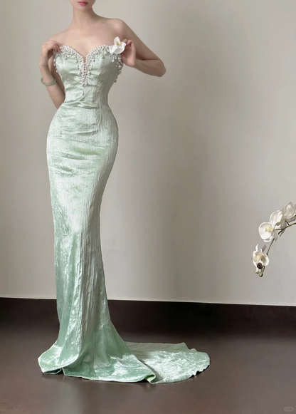 Turquoise Sand Sheath Sweetheart Neck Pearl Satin Prom Dress Formal Dress Date Dress DP3441