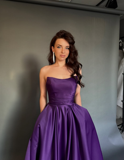 Simple Dark Purple A Line Strapless Satin Long Prom Dress Evening Dress DP3080