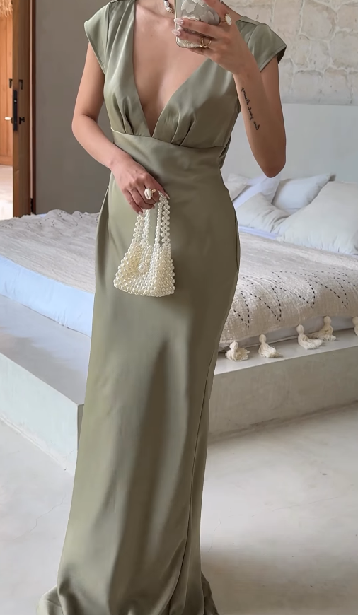 Elegant Sage Green Sheath V Neck Satin Long Prom Dress Party Dress DP4900