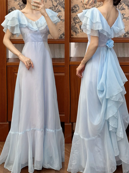 Vintage Simple A Line Off the Shoulder Layered Blue Chiffon Prom Dress DP4825