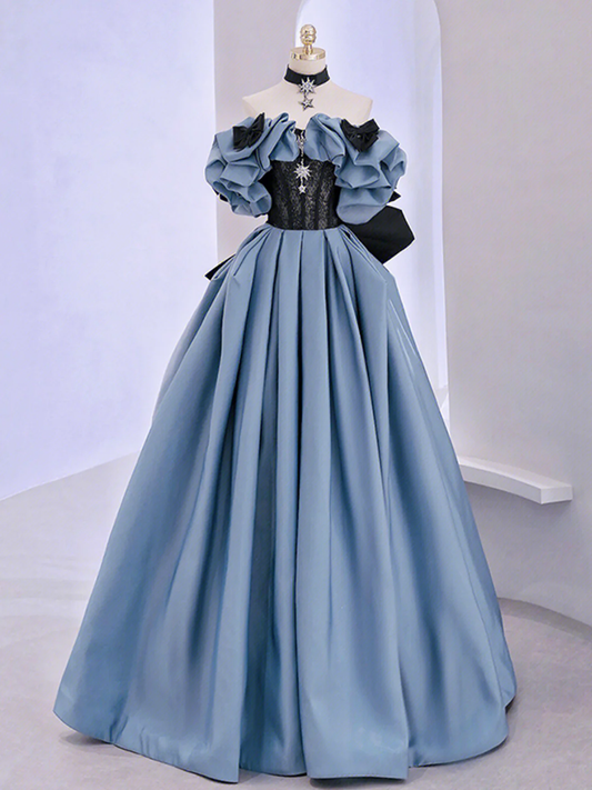 Off Shoulder Satin Lace Blue Prom Dress Evening Dress DP307