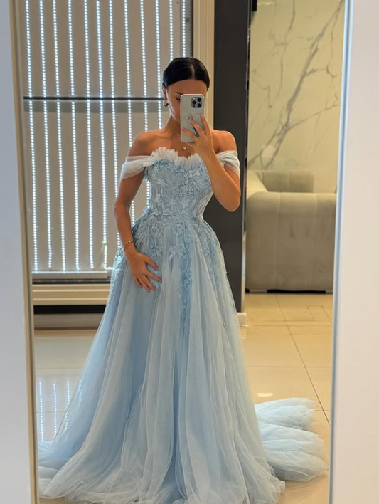 Princess Blue A Line Off the Shoulder Appliques Tulle Prom Dress Evening Dress DP6813
