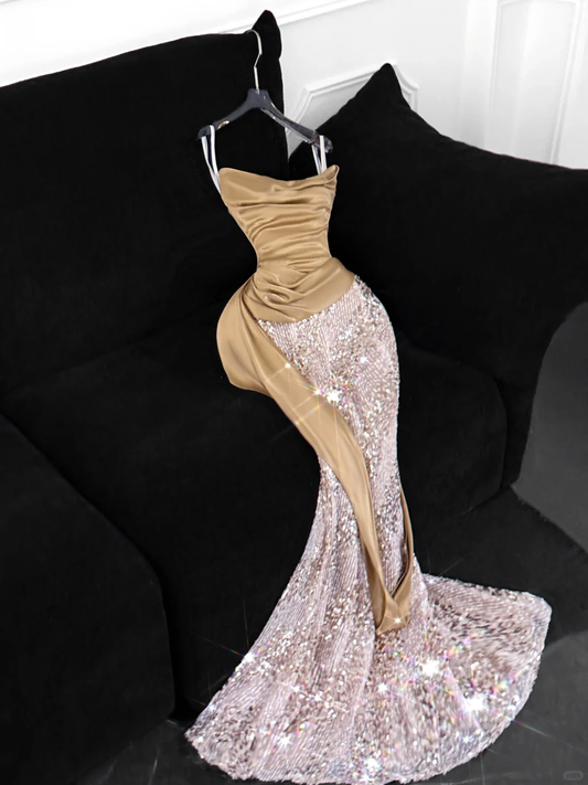 Khaki Mermaid Strapless Sequin Satin Long Prom Dress Evening Dress DP2556