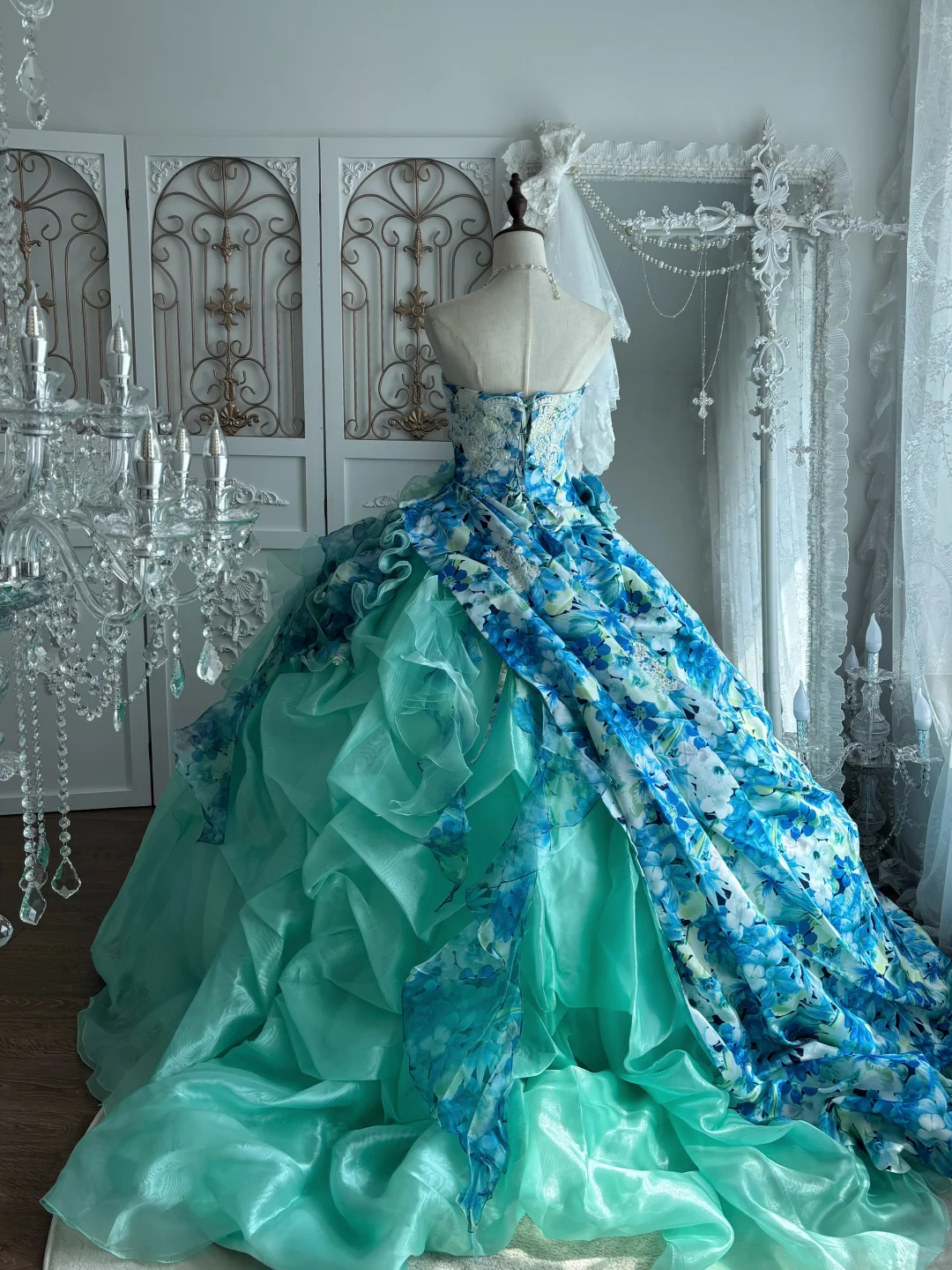 Vintage Dreamy Blue Strapless Print Floral Organza Prom Dress Sweet 16 Dress DP5663