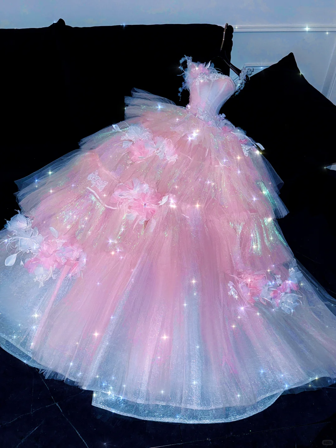 Dreamy A Line Straps Beaded Layered Flower Pink Tulle Prom Dress Party Dress DP2558