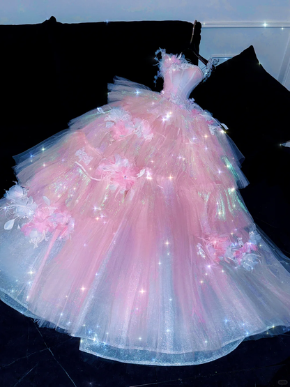 Dreamy A Line Straps Beaded Layered Flower Pink Tulle Prom Dress Party Dress DP2558