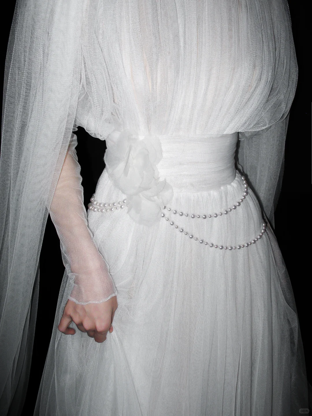 Flowy White Tulle A Line Long Sleeve High Neck Wedding Dress DP5788