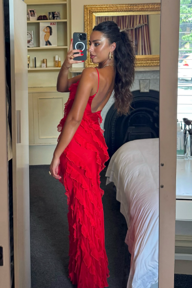 Spaghetti Straps Ruffles Prom Dress Red Backless Long Party Evening Dress DP696