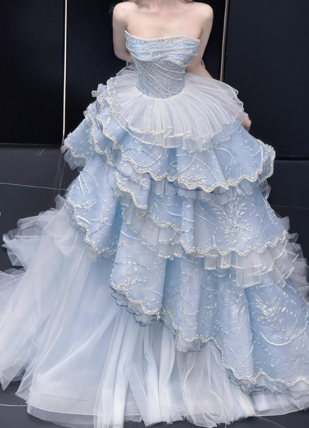 Baby Blue Ball Gown Strapless Shiny Beaded Layered Tulle Prom Dress Quinceanera Dress DP6611