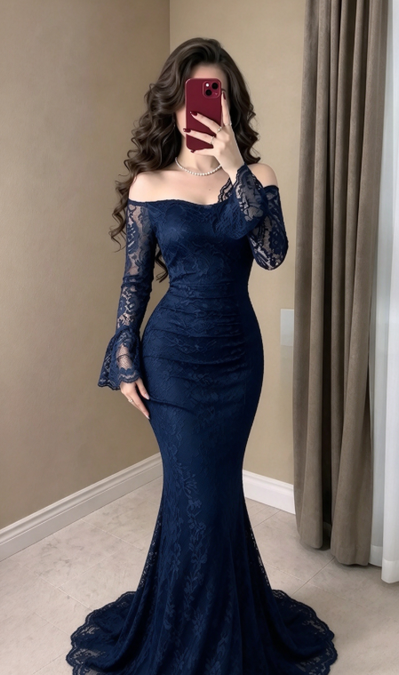 Navy Blue Sheath Long Sleeve Lace Prom Dress Evening Dress Outfits DP7188