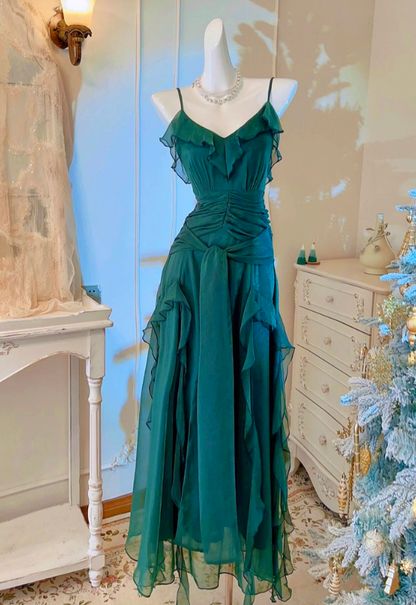 Flowy Dark Green Spaghetti Strap Ruffle Chiffon Prom Dress Evening Dress DP3562