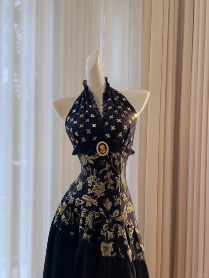 Vintage A Line V Neck Black Print Floral Satin Long Prom Dress Evening Dress DP4740