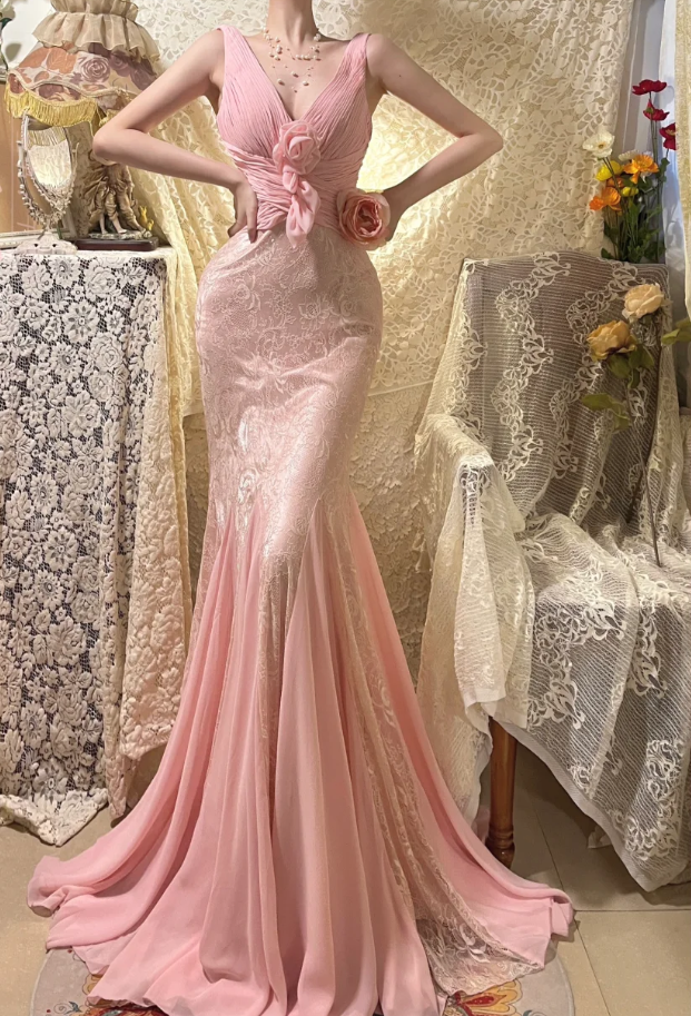 Gentle Mermaid V Neck Light Pink Lace Chiffon Long Prom Dress Wedding Guest Dress DP4274