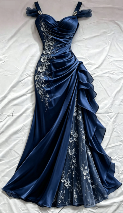 Olive Green 3D Floral Mermaid Beaded Tulle Satin Prom Dress Evening Dress DP6871