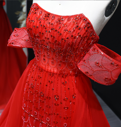 Charming A Line Off the Shoulder Beaded Tulle Prom Dress Evening Dress DP1921