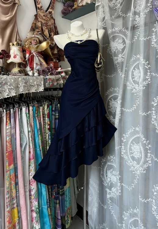 Vintage Mermaid Strapless Champagne Layered Satin Outfits Dress DP4855