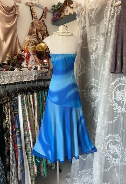 Blue Ombre Vintage Mermaid Strapless Applique Chiffon Tea Length Prom Dress Outfits DP5006