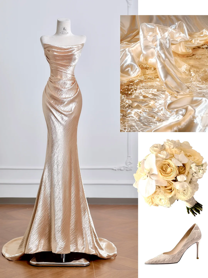 Classy Mermaid Strapless Pleated Golden Satin Long Prom Dresses DP4182