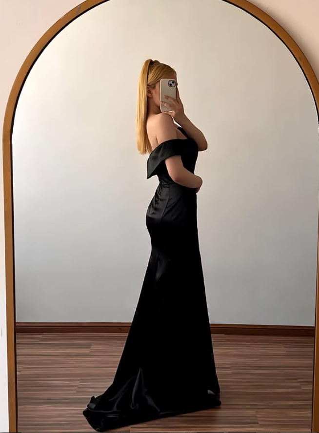 Black Sheath Off the Shoulder Satin Long Prom Dress Evening Dress DP6500