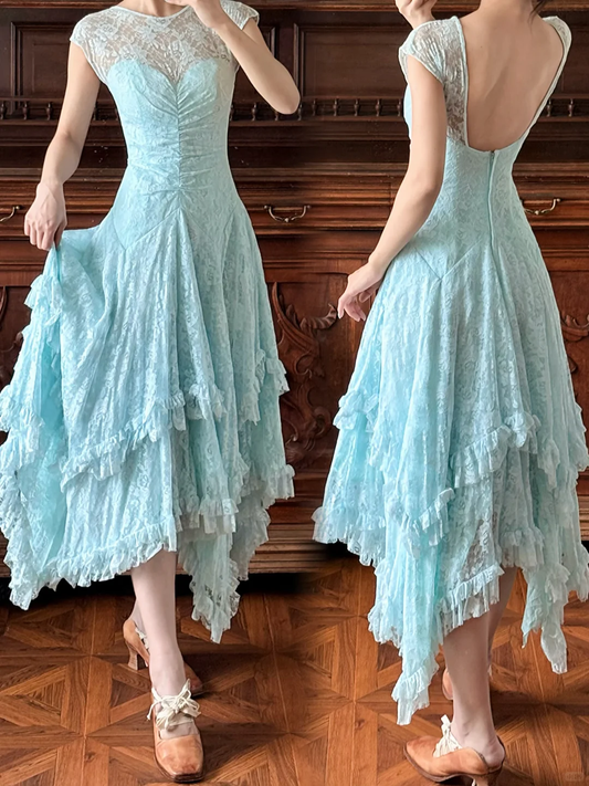 Vintage Blue A Line Lace Backless Prom Dress Evening Dress DP5612