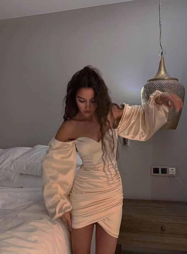 Champagne Sheath Long Sleeve Satin Short Homecoming Dress Cocktail Dress DP3855