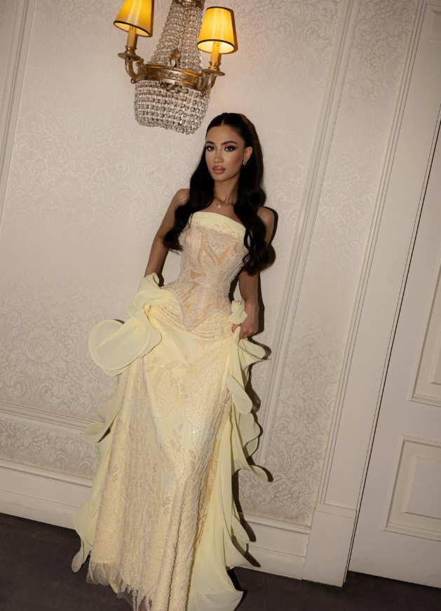 Pretty Yellow A Line Strapless Lace Chiffon Prom Dress Evening Dress DP6812