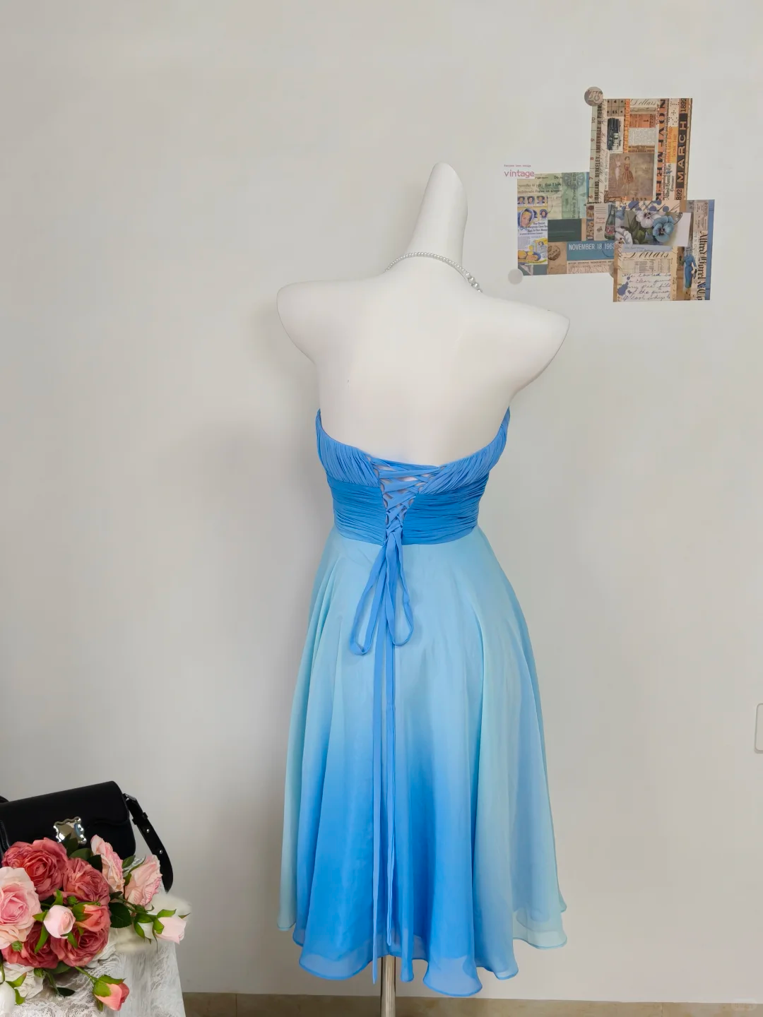 Vintage A Line Strapless Blue Ombre Chiffon Short Homecoming Dress Outfits DP5012