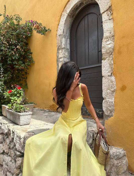 Charming A Line Straps Corset Yellow Satin Prom Dress Evening Dress with Slit DP1593
