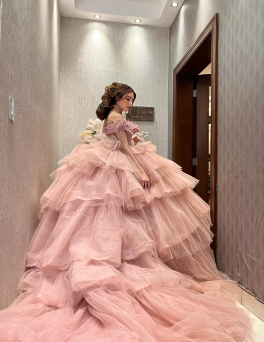 Gentle Exquisite Beaded Feather Off the Shoulder Layered Tulle Ball Gown Sweet 16 Dress Quinceanera Dress DP3023