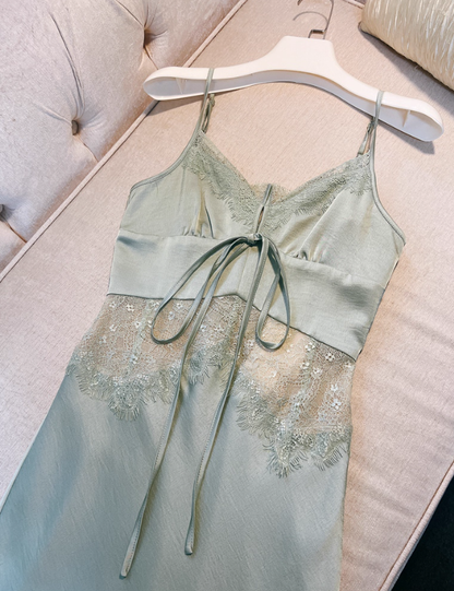 Sexy Green Mermaid Spaghetti Strap Lace Satin Prom Dress Wedding Guest Dress DP4485