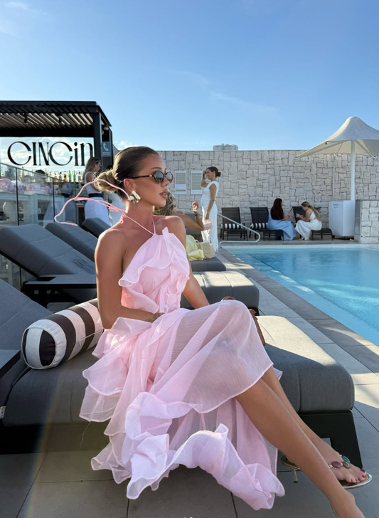 Sweety Pink A Line Halter Layered Chiffon Backless Prom Dress Outfits DP4930