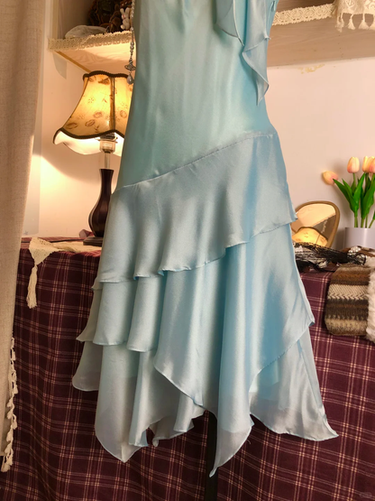 Cute A Line Halter Layered Bow Blue Satin Short Cocktail Dress Homecoming Dress DP2437