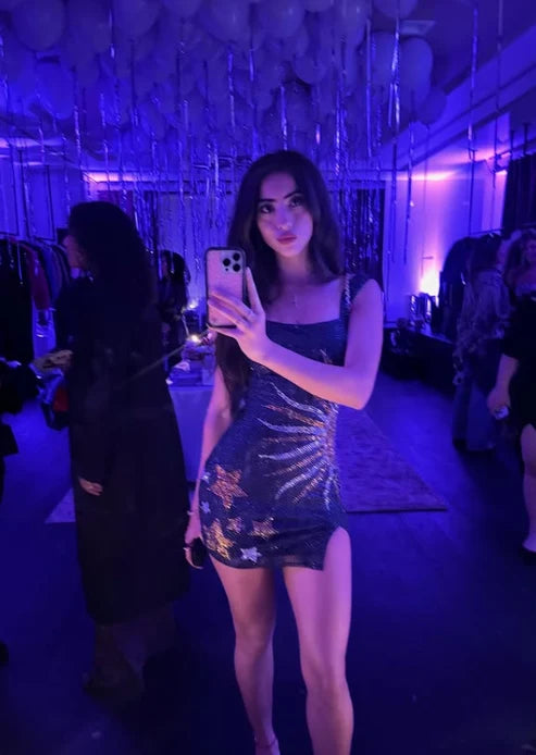 Sexy Dark Blue A Line Straps Sequin Beaded Short Homecoming Dress Outfits DP6400