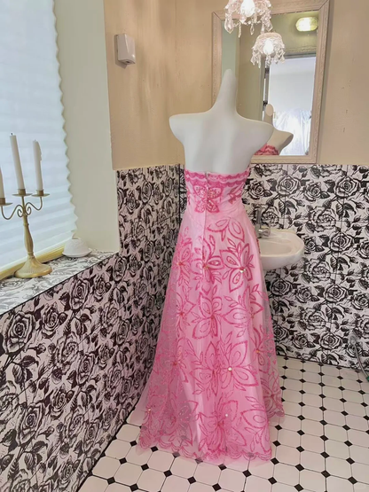 Barbie Pink A Line Strapless Exquisite Beaded Sequin Tulle Long Prom Dress Formal Dress DP3329