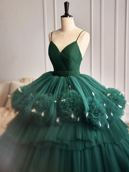 Green VNeck Layered Pleated Tulle Long Prom Dress Formal Ball Gown DP395