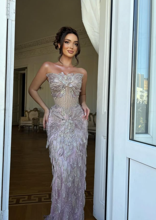 Stunning Light Purple Sheath Strapless Sequin Beaded Tulle Prom Dress Wedding Guest Dress DP4918