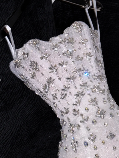 Gorgeous Sheath Strapless Rhinestone White Tulle Prom Dress Evening Dress DP2780