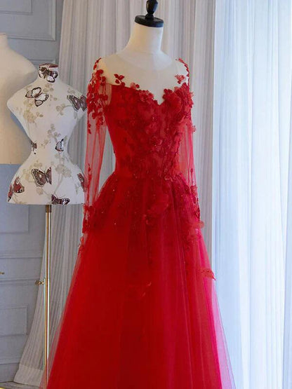 Pretty Red Tulle Appliques Long Prom Dress Elegant Evening Dress Wedding Dress DP137