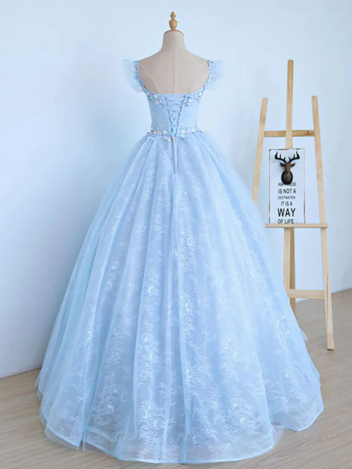 Blue Tulle Lace Appliques Long Prom Dress Formal Quinceanera Dress Ball Gown DP061