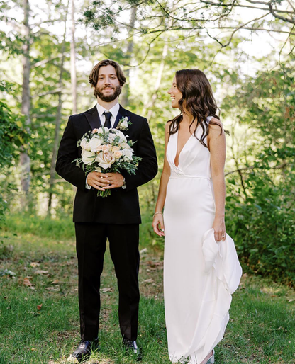 Simple Sheath V Neck White Satin Open Back Wedding Dresses DP4345