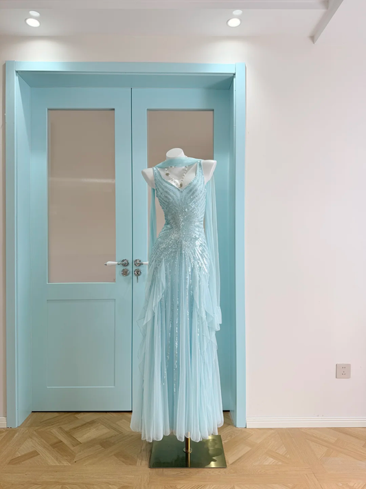 Vintage Baby Blue A Line V Neck Sequin Tulle Prom Dress Evening Dress DP5417