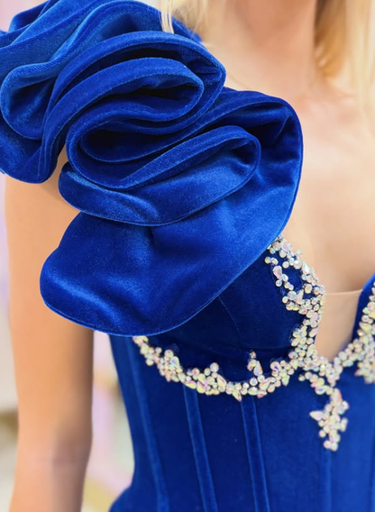 Elegant Mermaid One Shoulder Beaded Velvet Slit Long Prom Dress Evening Dress DP6281